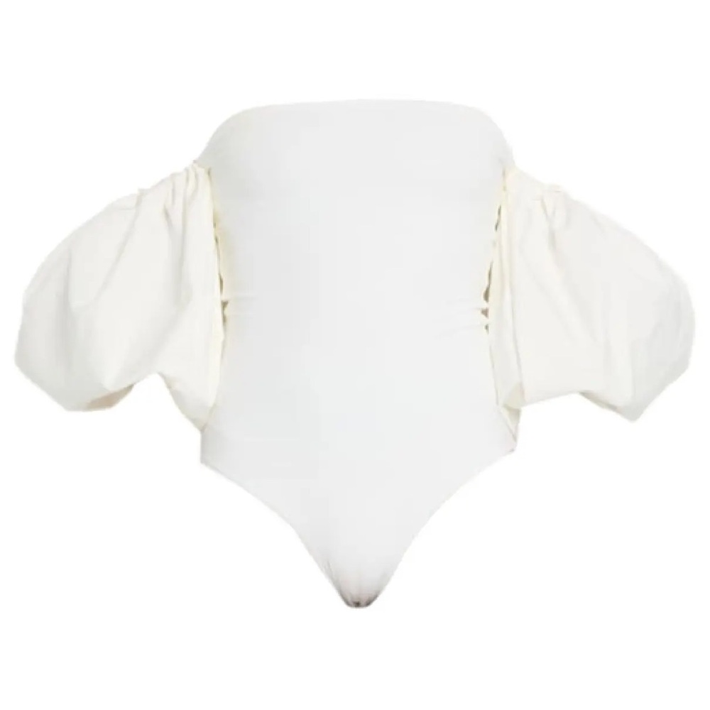Maygel Coronel White One Piece Swimsuit with Puffed Sleeves